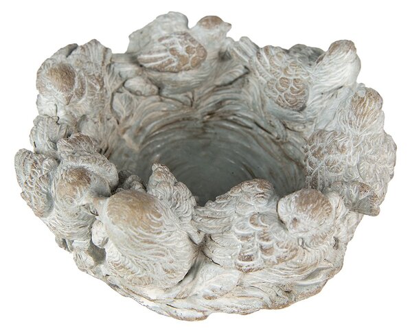 Šedý antik cementový dekorační květináč s ptáčky - Ø 27*12 cm - Clayre & Eef
