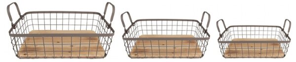 Set 3ks hnědý drátěný košík s dřevěným dnem a uchy Izaac – 38x28x11 / 33x23x10 / 28x18x9 cm