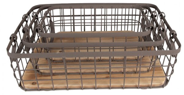 Set 3ks hnědý drátěný košík s dřevěným dnem a uchy Izaac – 38x28x11 / 33x23x10 / 28x18x9 cm
