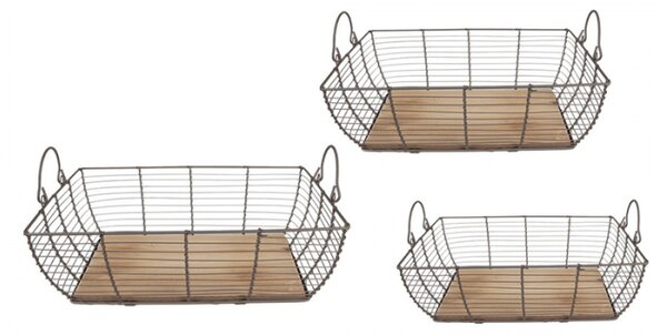 Set 3ks hnědý drátěný košík s dřevěným dnem a uchy Izaac – 35x25x11 / 31x21x9 / 27x17x6 cm