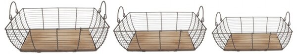 Set 3ks hnědý drátěný košík s dřevěným dnem a uchy Izaac – 35x25x11 / 31x21x9 / 27x17x6 cm