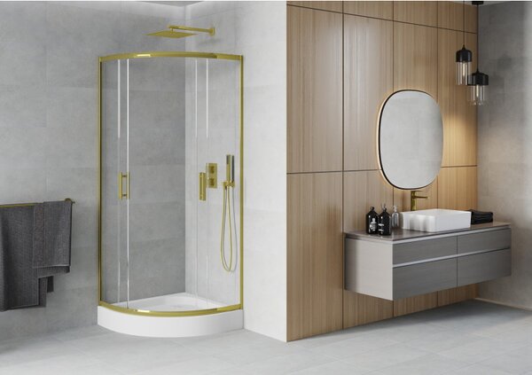 Mexen Rio, čtvrtkruhový sprchový kout s posuvnými dveřmi 80 (dveře) x 80 (dveře) x 190 cm, 5mm čiré sklo, zlatý profil + bílá sprchová vanička RIO, 863-080-080-50-00-4710