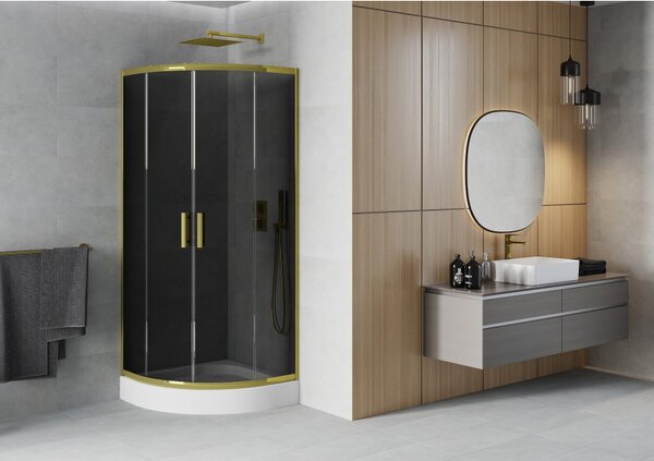 Mexen Rio, čtvrtkruhový sprchový kout s posuvnými dveřmi 80 (dveře) x 80 (dveře) x 190 cm, 5mm šedé sklo, zlatý profil + bílá sprchová vanička RIO, 8…