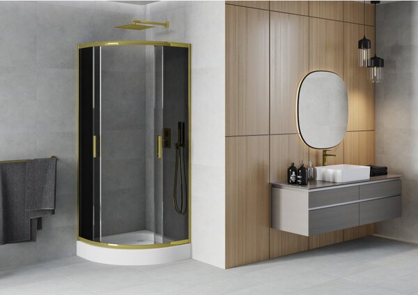Mexen Rio, čtvrtkruhový sprchový kout s posuvnými dveřmi 80 (dveře) x 80 (dveře) x 190 cm, 5mm šedé sklo, zlatý profil + bílá sprchová vanička RIO, 8…