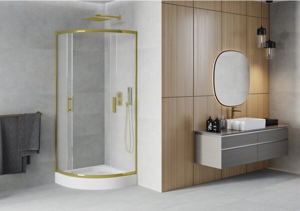 Mexen Rio, čtvrtkruhový sprchový kout s posuvnými dveřmi 80 (dveře) x 80 (dveře) x 190 cm, 5mm sklo námraza, zlatý profil + bílá sprchová vanička RIO…