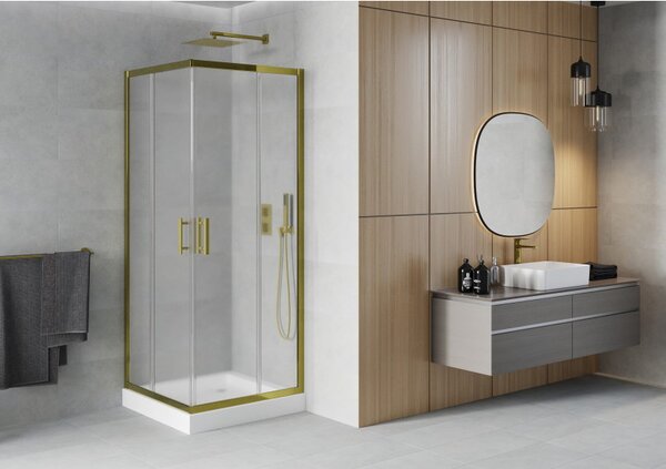 Mexen Rio, čtvercový sprchový kout s posuvnými dveřmi 80 (dveře) x 80 (dveře) x 190 cm, 5mm sklo námraza, zlatý profil + bílá sprchová vanička RIO, 860-080-080-50-30-4510