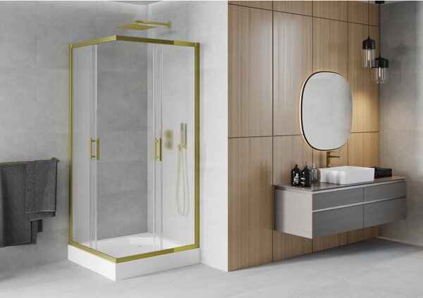 Mexen Rio, čtvercový sprchový kout s posuvnými dveřmi 90 (dveře) x 90 (dveře) x 190 cm, 5mm sklo námraza, zlatý profil + bílá sprchová vanička RIO, 8…