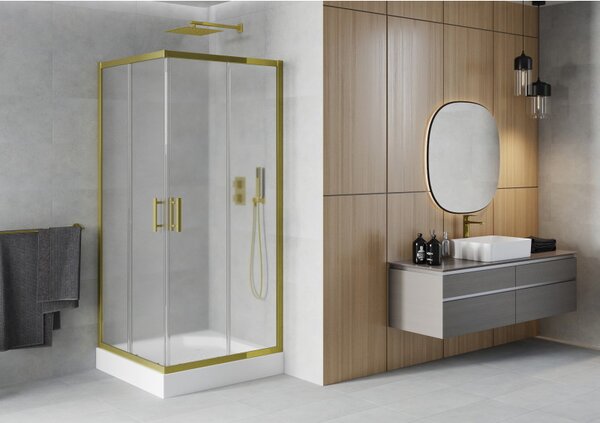 Mexen Rio, čtvercový sprchový kout s posuvnými dveřmi 90 (dveře) x 90 (dveře) x 190 cm, 5mm sklo námraza, zlatý profil + bílá sprchová vanička RIO, 8…
