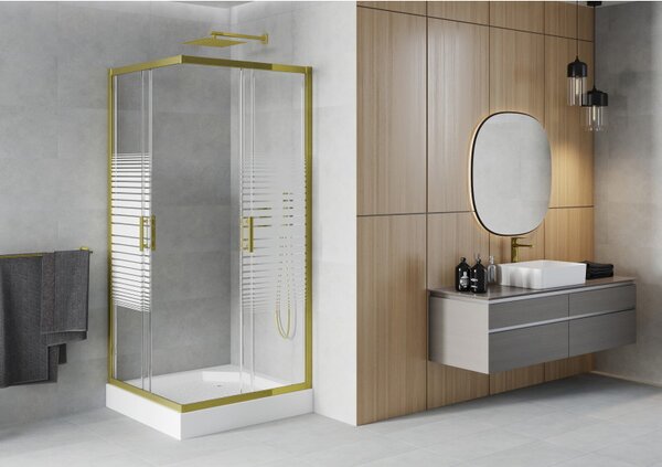 Mexen Rio, čtvercový sprchový kout s posuvnými dveřmi 90 (dveře) x 90 (dveře) x 190 cm, 5mm čiré sklo s pásky, zlatý profil + bílá sprchová vanička R…