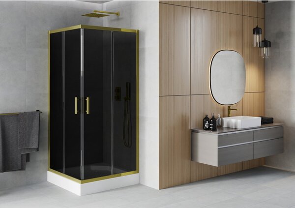 Mexen Rio, čtvercový sprchový kout s posuvnými dveřmi 90 (dveře) x 90 (dveře) x 190 cm, 5mm šedé sklo, zlatý profil + černá sprchová vanička RIO, 860…