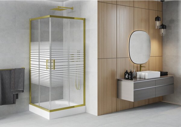 Mexen Rio, čtvercový sprchový kout s posuvnými dveřmi 90 (dveře) x 90 (dveře) x 190 cm, 5mm čiré sklo s pásky, zlatý profil + bílá sprchová vanička R…