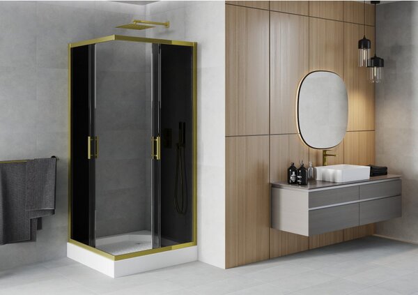 Mexen Rio, čtvercový sprchový kout s posuvnými dveřmi 90 (dveře) x 90 (dveře) x 190 cm, 5mm šedé sklo, zlatý profil + černá sprchová vanička RIO, 860…