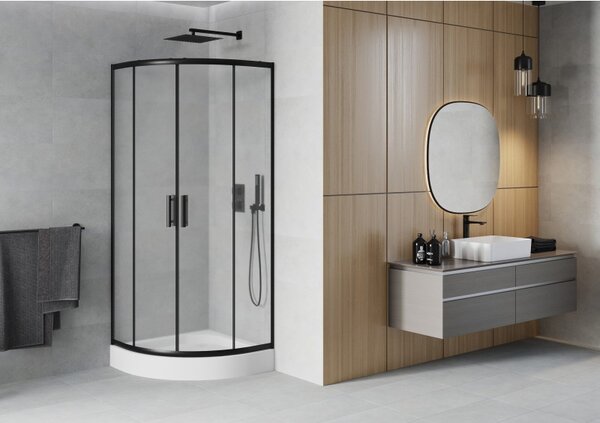 Mexen Rio, čtvrtkruhový sprchový kout s posuvnými dveřmi 70 (dveře) x 70 (dveře) x 190 cm, 5mm sklo námraza, černý profil + bílá sprchová vanička RIO…