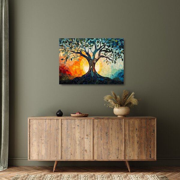 Skleněný obraz - Mozaika - slunce a strom I. (70x50 cm)
