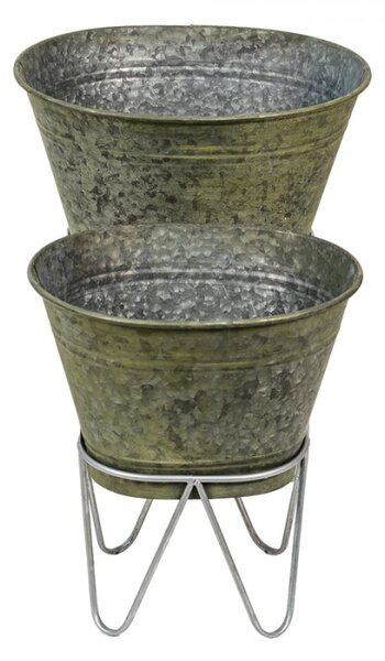 2ks dekorační plechový antik obal na květináč – 46x38x26/56 / 37x31x23/43 cm