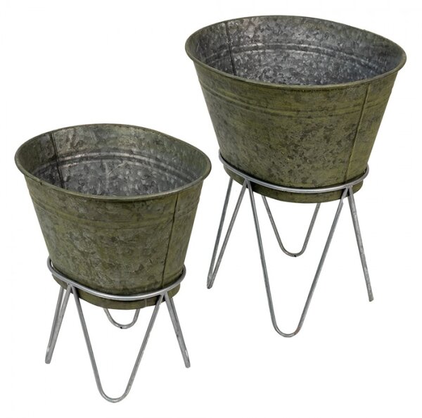 2ks dekorační plechový antik obal na květináč – 46x38x26/56 / 37x31x23/43 cm