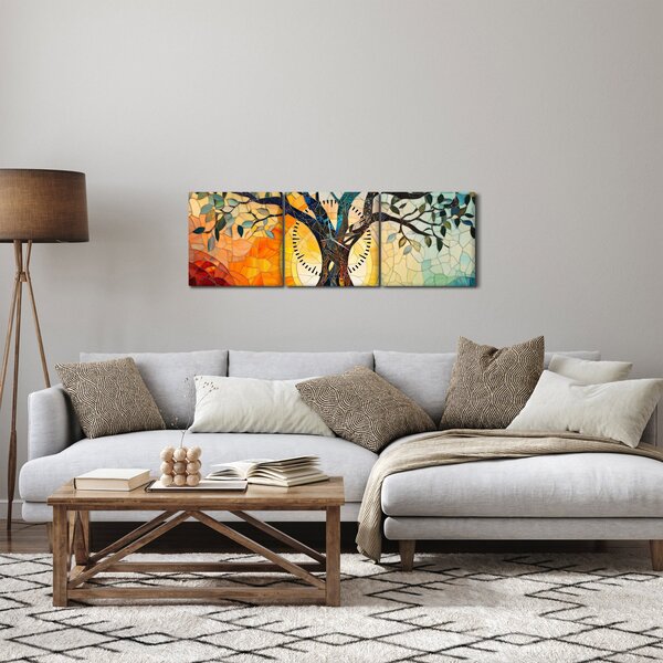 Obraz - Mozaika - slunce a strom I. (s hodinami) (90x30 cm)