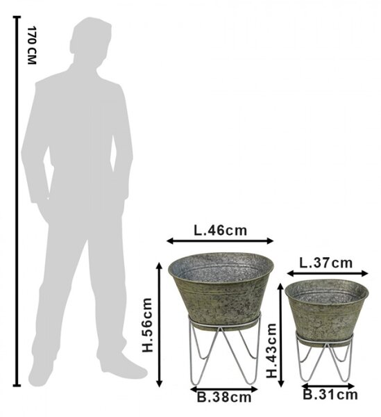 2ks dekorační plechový antik obal na květináč – 46x38x26/56 / 37x31x23/43 cm