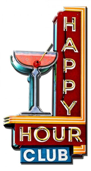 Červená kovová nástěnná cedule Happy Hour Club – 32x1x60 cm