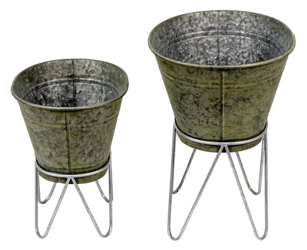 2ks dekorační plechový antik obal na květináč – 46x38x26/56 / 37x31x23/43 cm