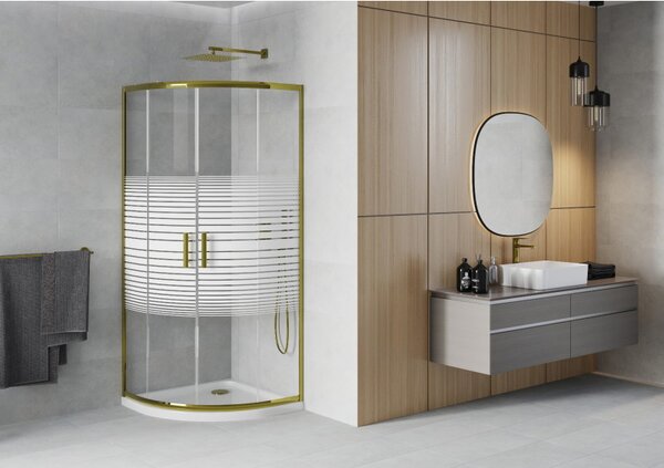 Mexen Rio, čtvrtkruhový sprchový kout 80(dveře)x80(dveře)x190 cm, 5mm čiré sklo s pásky, zlatý profil + bílá sprchová vanička SLIM, 863-080-080-50-20-4110G
