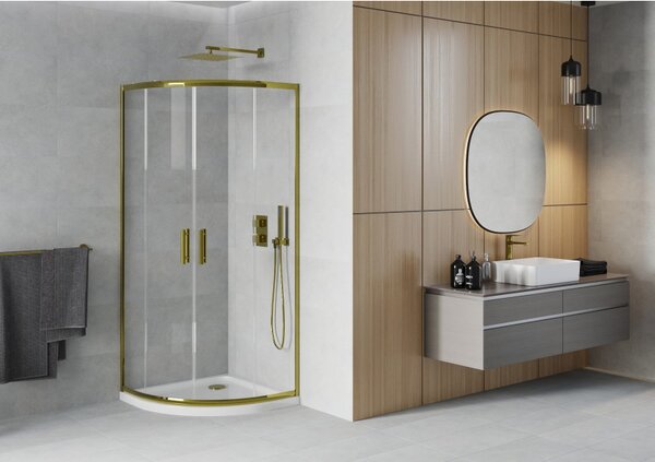 Mexen Rio sprchový kout půlkruhový 90 x 90 cm, transparentní, zlatý + vanička Flat, bílá - 863-090-090-50-00-4110G