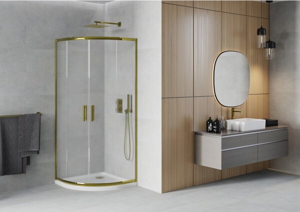 Mexen Rio, čtvrtkruhový sprchový kout 90(dveře)x90(dveře)x190 cm, 5mm sklo námraza, zlatý profil + bílá sprchová vanička SLIM, 863-090-090-50-30-4110G