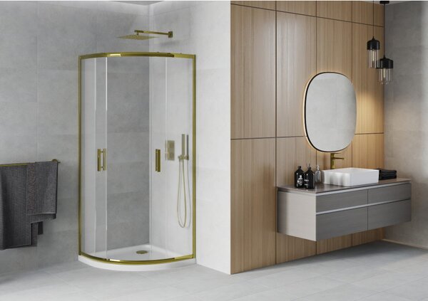 Mexen Rio, čtvrtkruhový sprchový kout 90(dveře)x90(dveře)x190 cm, 5mm sklo námraza, zlatý profil + bílá sprchová vanička SLIM, 863-090-090-50-30-4110G