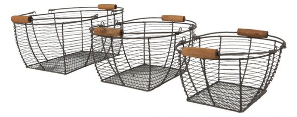 3ks hnědé drátěné košíky s dřevěnými držadly – 35x26x14 / 31x22x13 / 27x19x12 cm