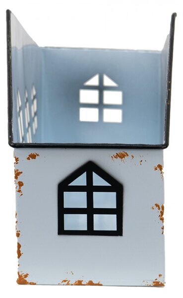 Krémový antik kovový svícen ve tvaru domku na čajovku – 36x12x18 cm