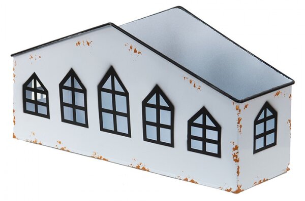 Krémový antik kovový svícen ve tvaru domku na čajovku – 36x12x18 cm