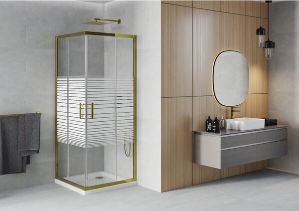 Mexen Rio, čtvercový sprchový kout s posuvnými dveřmi 70 (dveře) x 70 (dveře) x 190 cm, 5mm čiré sklo s pásky, zlatý profil + bílá sprchová vanička SLIM, 860-070-070-50-20-4010G