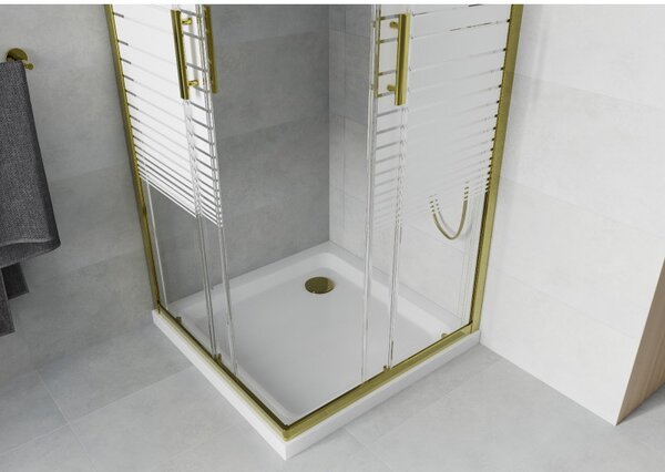 Mexen Rio, čtvercový sprchový kout s posuvnými dveřmi 70 (dveře) x 70 (dveře) x 190 cm, 5mm čiré sklo s pásky, zlatý profil + bílá sprchová vanička SLIM, 860-070-070-50-20-4010G