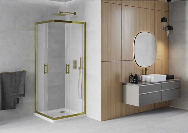 Mexen Rio, čtvercový sprchový kout s posuvnými dveřmi 70 (dveře) x 70 (dveře) x 190 cm, 5mm sklo námraza, zlatý profil + bílá sprchová vanička SLIM, …