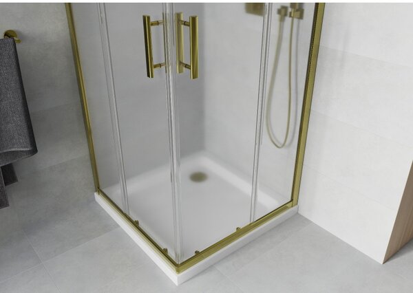 Mexen Rio, čtvercový sprchový kout s posuvnými dveřmi 70 (dveře) x 70 (dveře) x 190 cm, 5mm sklo námraza, zlatý profil + bílá sprchová vanička SLIM, …