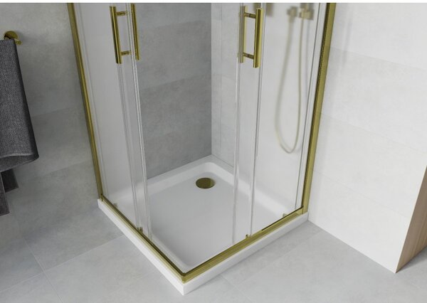 Mexen Rio, čtvercový sprchový kout s posuvnými dveřmi 70 (dveře) x 70 (dveře) x 190 cm, 5mm sklo námraza, zlatý profil + bílá sprchová vanička SLIM, …
