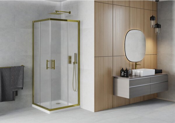 Mexen Rio, čtvercový sprchový kout s posuvnými dveřmi 70 (dveře) x 70 (dveře) x 190 cm, 5mm sklo námraza, zlatý profil + bílá sprchová vanička SLIM, …