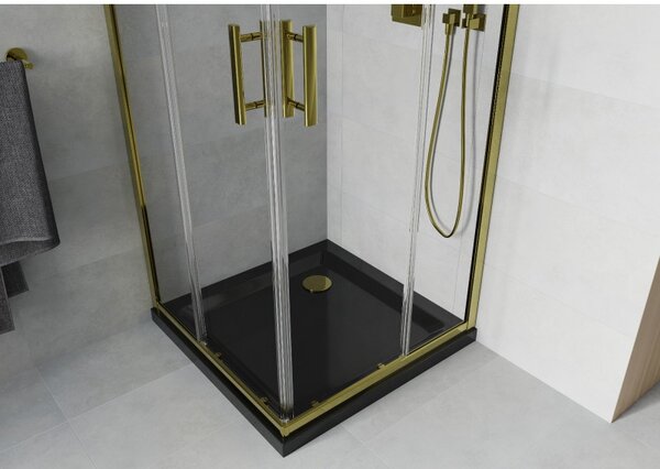 Mexen Rio, čtvercový sprchový kout s posuvnými dveřmi 70 (dveře) x 70 (dveře) x 190 cm, 5mm čiré sklo, zlatý profil + černá sprchová vanička SLIM se zlatým sifonem, 860-070-070-50-00-4070G