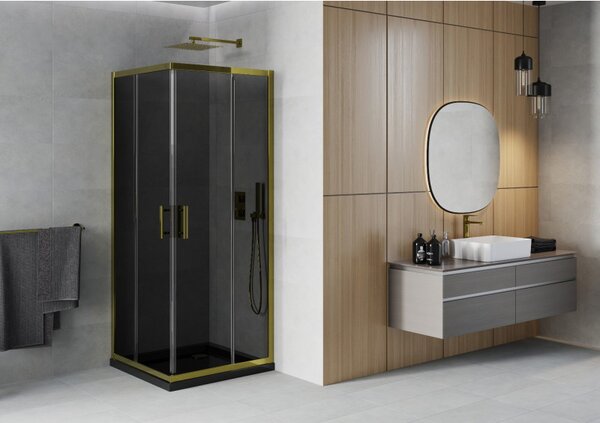 Mexen Rio, čtvercový sprchový kout s posuvnými dveřmi 70 (dveře) x 70 (dveře) x 190 cm, 5mm šedé sklo, zlatý profil + černá sprchová vanička SLIM, 860-070-070-50-40-4070G