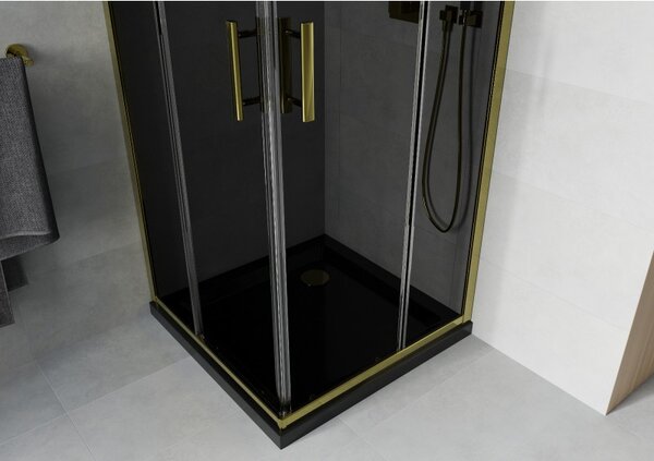 Mexen Rio, čtvercový sprchový kout s posuvnými dveřmi 70 (dveře) x 70 (dveře) x 190 cm, 5mm šedé sklo, zlatý profil + černá sprchová vanička SLIM, 860-070-070-50-40-4070G