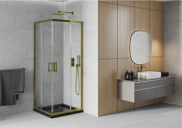Mexen Rio, čtvercový sprchový kout s posuvnými dveřmi 70 (dveře) x 70 (dveře) x 190 cm, 5mm čiré sklo, zlatý profil + černá sprchová vanička SLIM se zlatým sifonem, 860-070-070-50-00-4070G