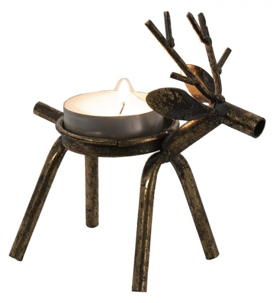 Zlatý antik kovový svícen Jelen – 16x8x16 cm