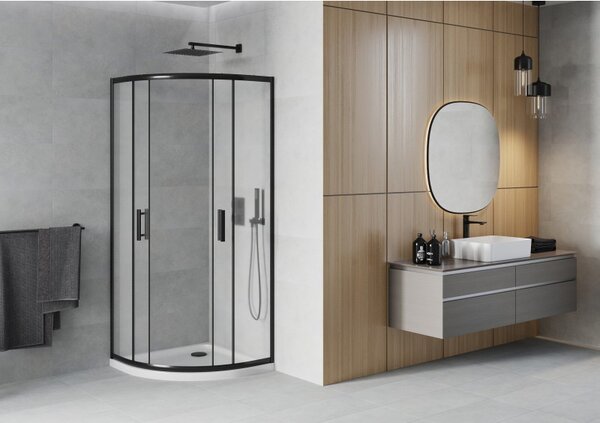 Mexen Rio, čtvrtkruhový sprchový kout 90(dveře)x90(dveře)x190 cm, 5mm sklo námraza, černý profil + bílá sprchová vanička SLIM, 863-090-090-70-30-4110B
