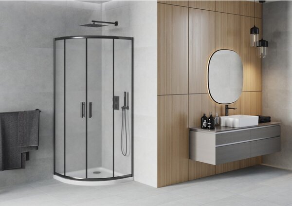 Mexen Rio, čtvrtkruhový sprchový kout 90(dveře)x90(dveře)x190 cm, 5mm sklo námraza, černý profil + bílá sprchová vanička SLIM, 863-090-090-70-30-4110B