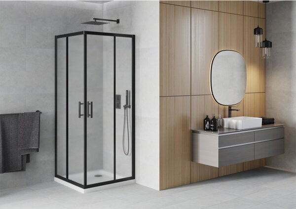 Mexen Rio, sprchový kout s posuvnými dveřmi 90x90x190 cm, 5mm sklo námraza, černý profil + bílá sprchová vanička SLIM, 860-090-090-70-30-4010B