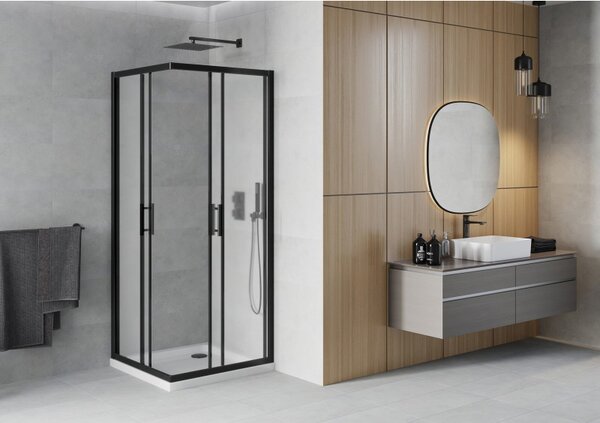 Mexen Rio, sprchový kout s posuvnými dveřmi 90x90x190 cm, 5mm sklo námraza, černý profil + bílá sprchová vanička SLIM, 860-090-090-70-30-4010B