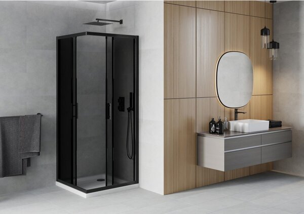 Mexen Rio, čtvercový sprchový kout 90(dveře)x90(dveře)x190 cm, 5mm šedé sklo, černý profil + bílá sprchová vanička SLIM, 860-090-090-70-40-4010B