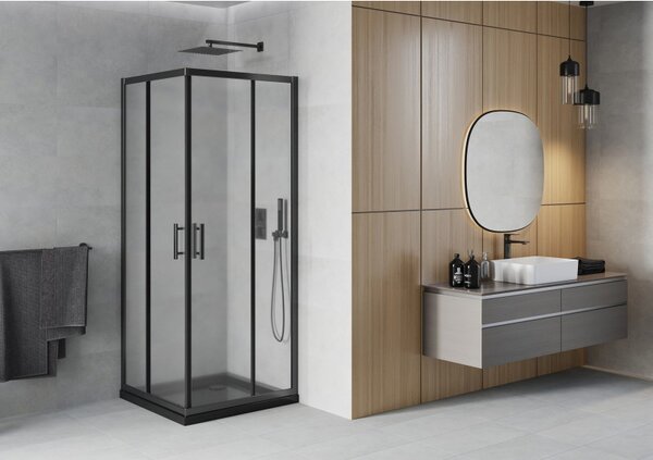 Mexen Rio, čtvercový sprchový kout s posuvnými dveřmi 70 (dveře) x 70 (dveře) x 190 cm, 5mm sklo námraza, černý profil + černá sprchová vanička SLIM, 860-070-070-70-30-4070B