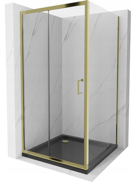 Mexen Apia sprchový kout s posuvnými dveřmi 90 (dveře) x 90 (stěna) cm, 5mm čiré sklo, zlatý profil + černá sprchová vanička SLIM, 840-090-090-50-00-4070G