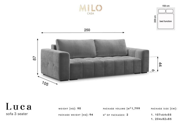 Světle šedá sametová rozkládací pohovka Milo Casa Luca